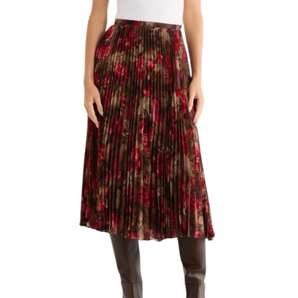 NWT L’ Agence Fernanda Pleated Midi Skirt Dark Red Floral Size 10